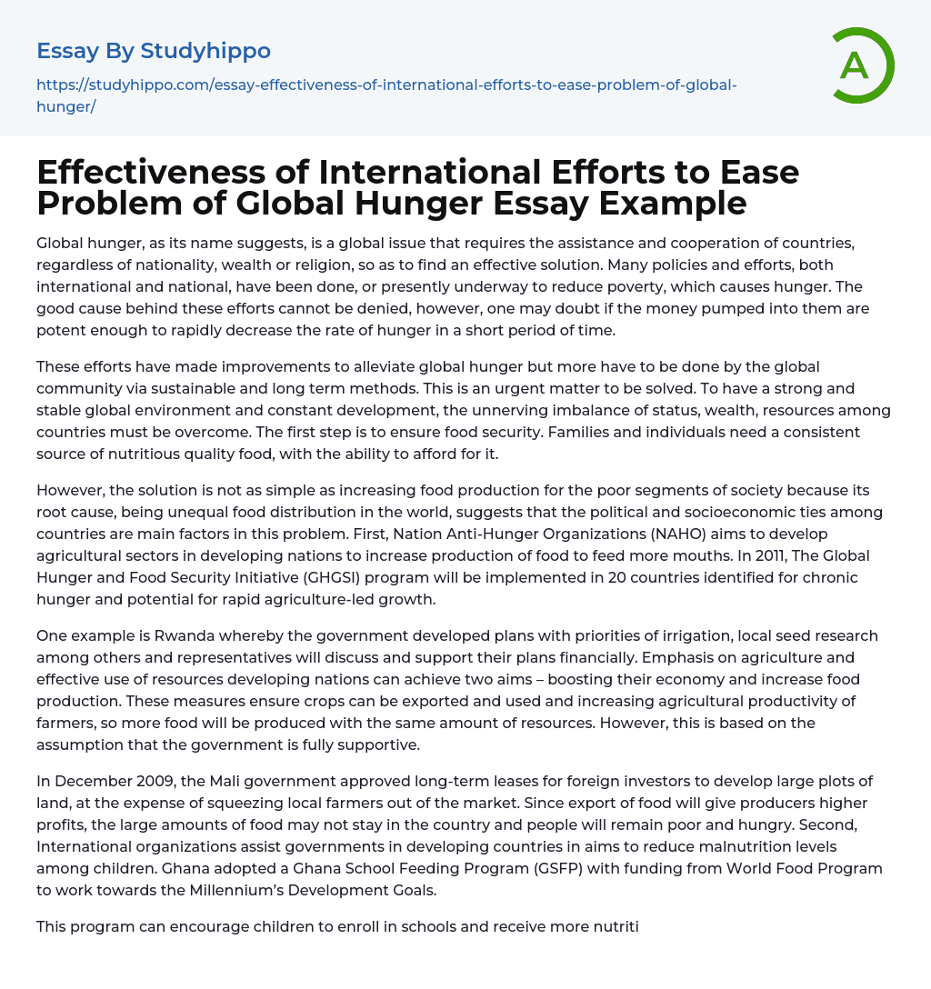 Effectiveness of International Efforts to Ease Problem of Global Hunger Essay Example