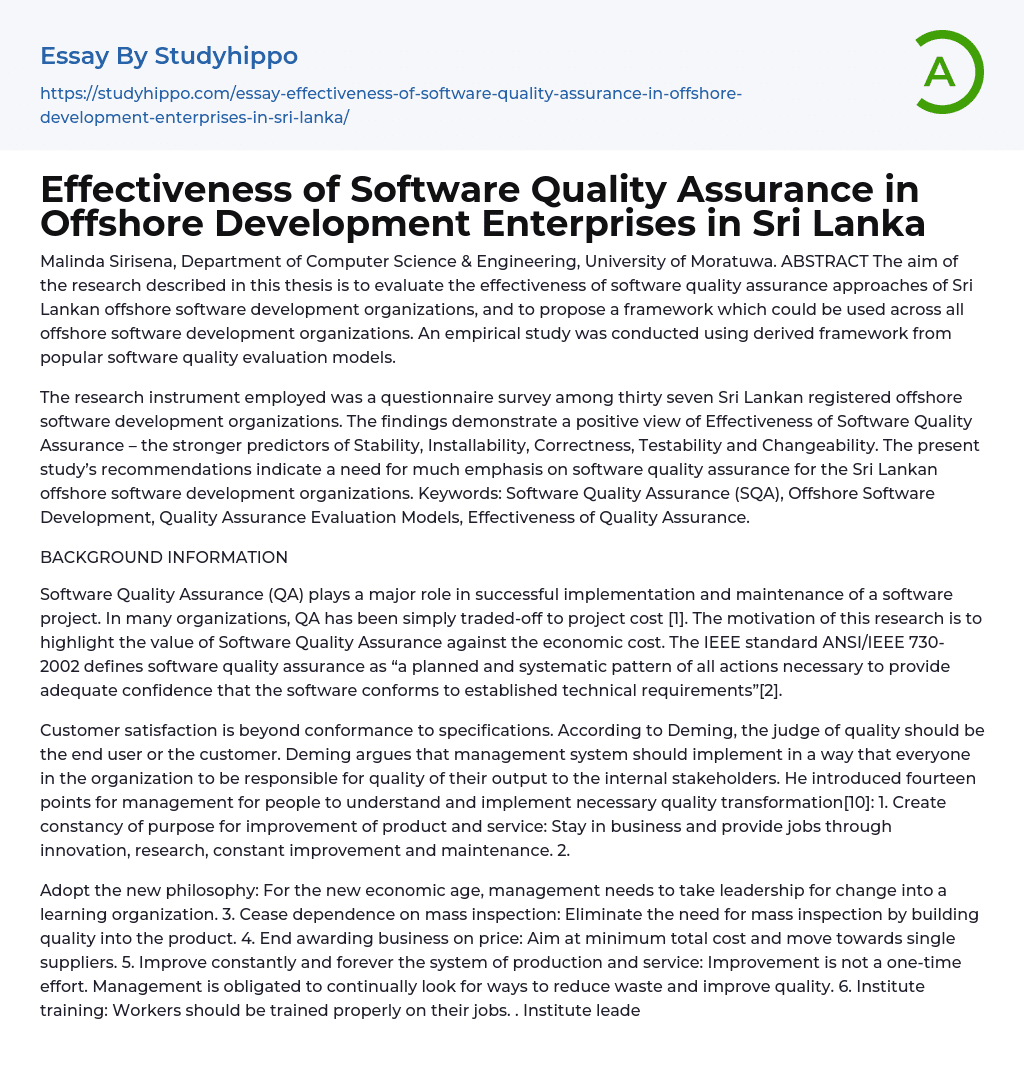 Evaluating the Effectiveness of Software Quality Assurance in Sri Lankan Offshore Development Organizations