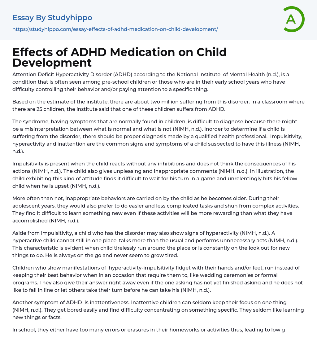 Effects of ADHD Medication on Child Development Essay Example