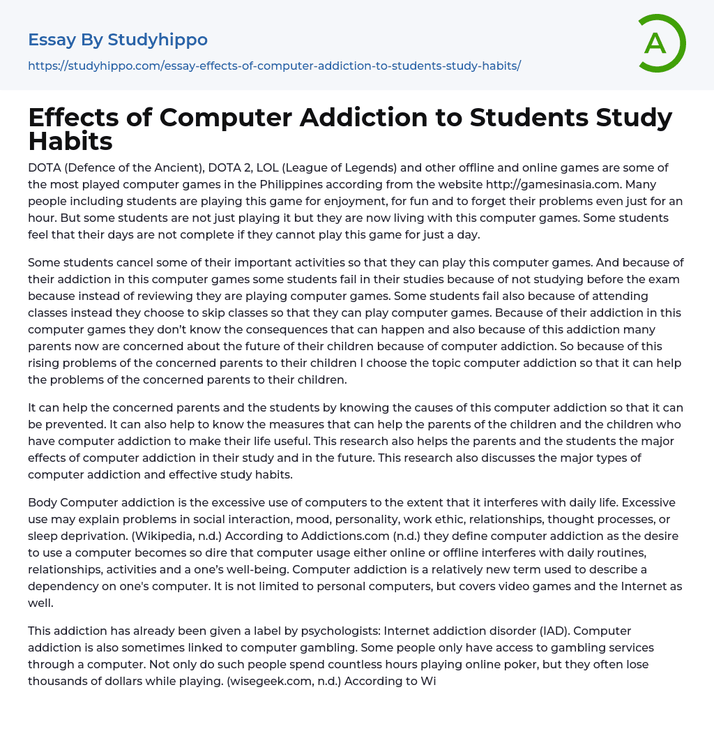 Effects of Computer Addiction to Students Study Habits Essay Example