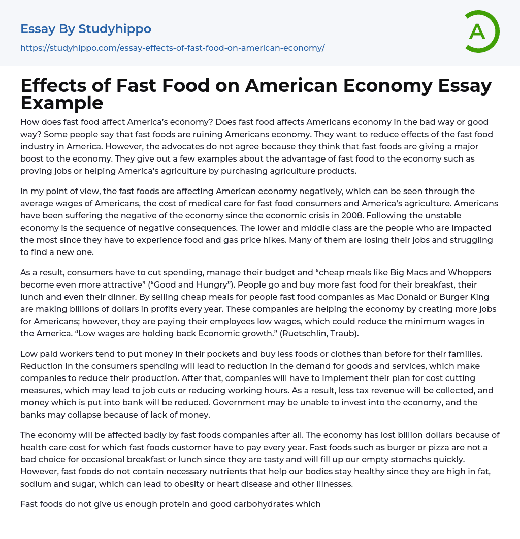 Effects of Fast Food on American Economy Essay Example
