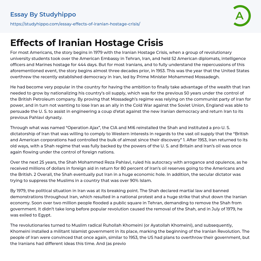 Effects of Iranian Hostage Crisis Essay Example