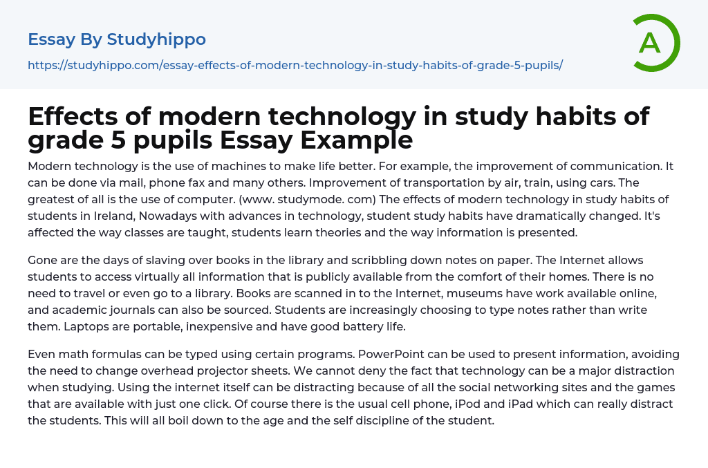 Effects of modern technology in study habits of grade 5 pupils Essay Example