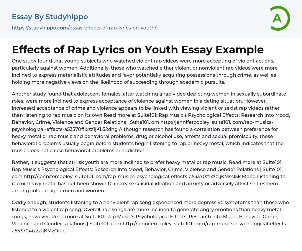 Effects of Rap Lyrics on Youth Essay Example