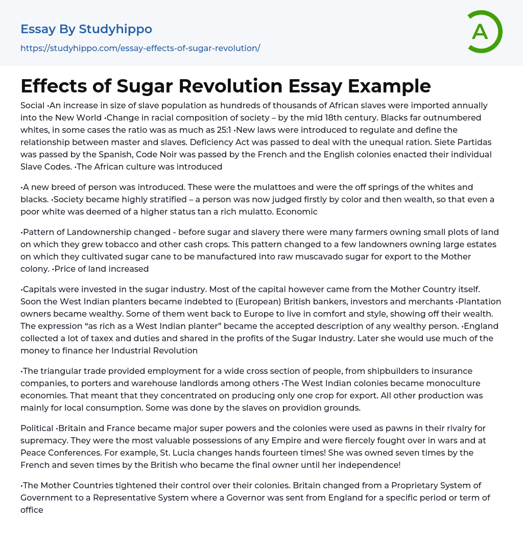 Effects of Sugar Revolution Essay Example