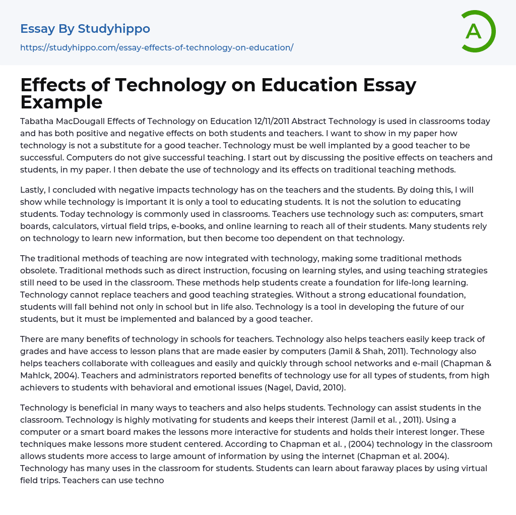 Effects of Technology on Education Essay Example