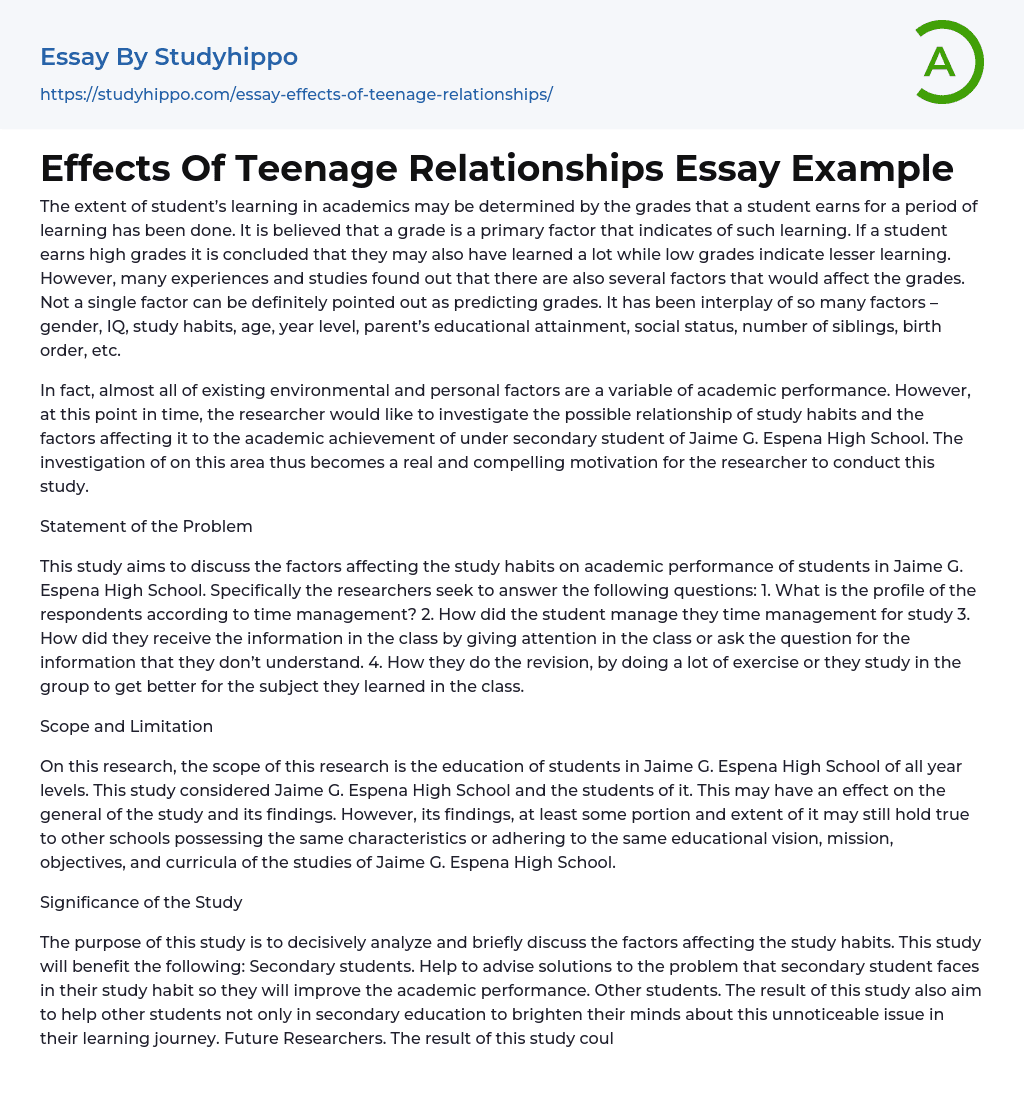 Effects Of Teenage Relationships Essay Example