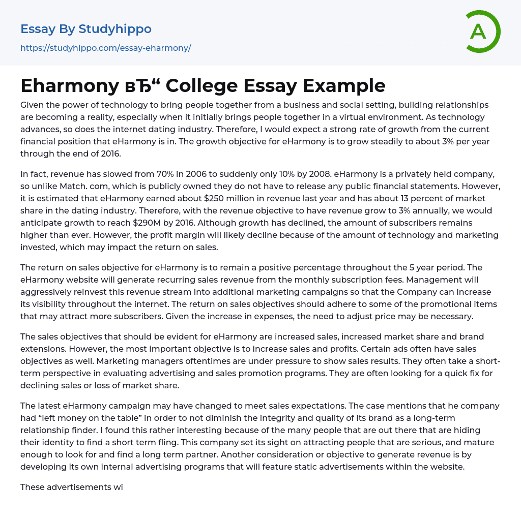 Eharmony College Essay Example