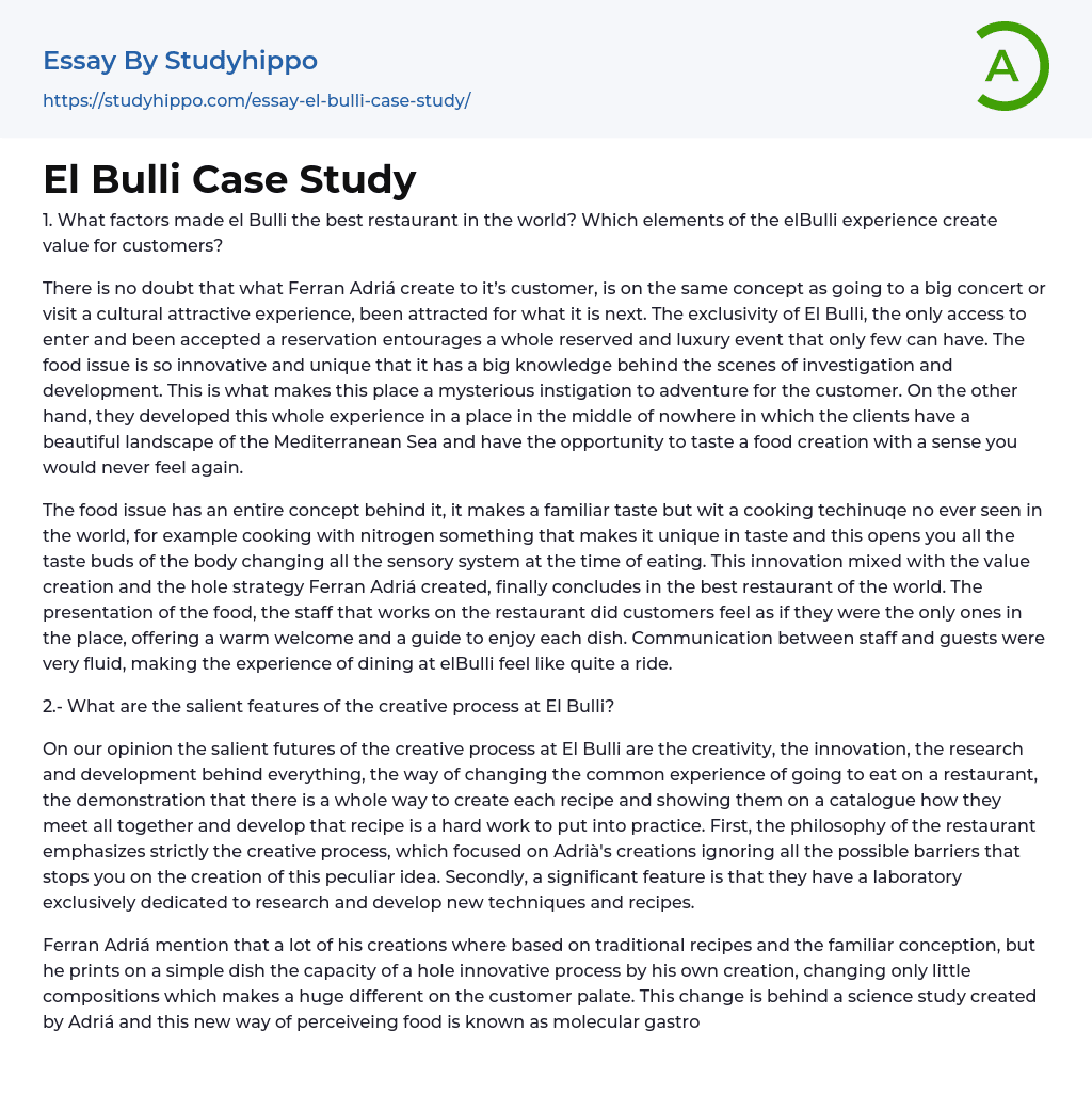 El Bulli Case Study Essay Example