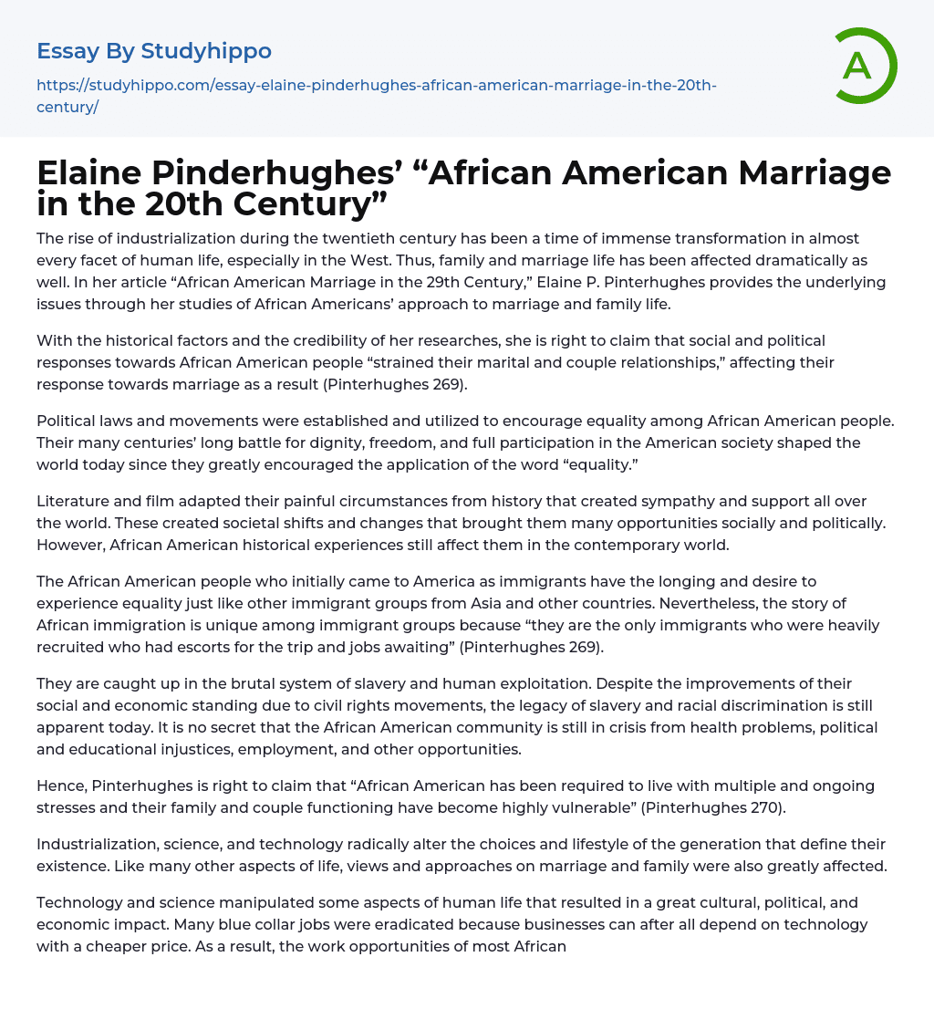 Elaine Pinderhughes’ “African American Marriage in the 20th Century” Essay Example