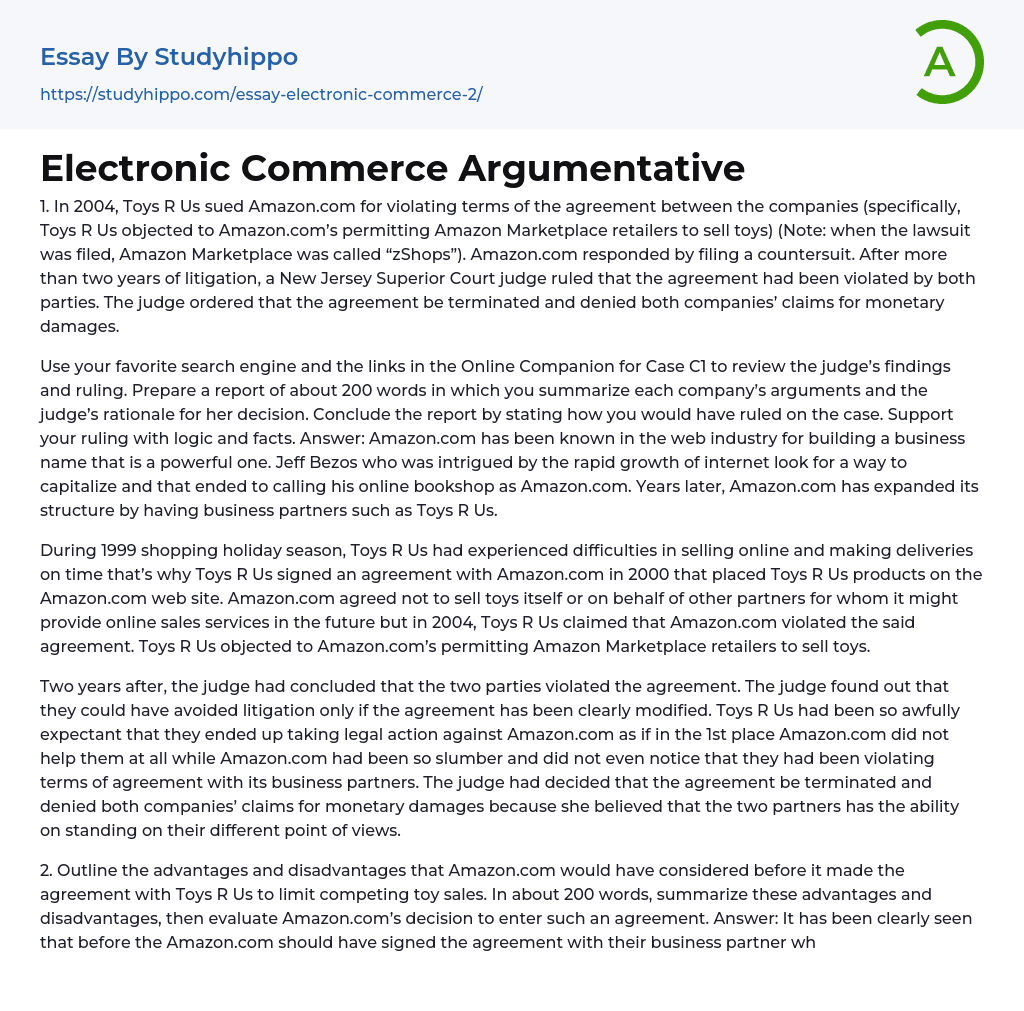 Electronic Commerce Argumentative Essay Example