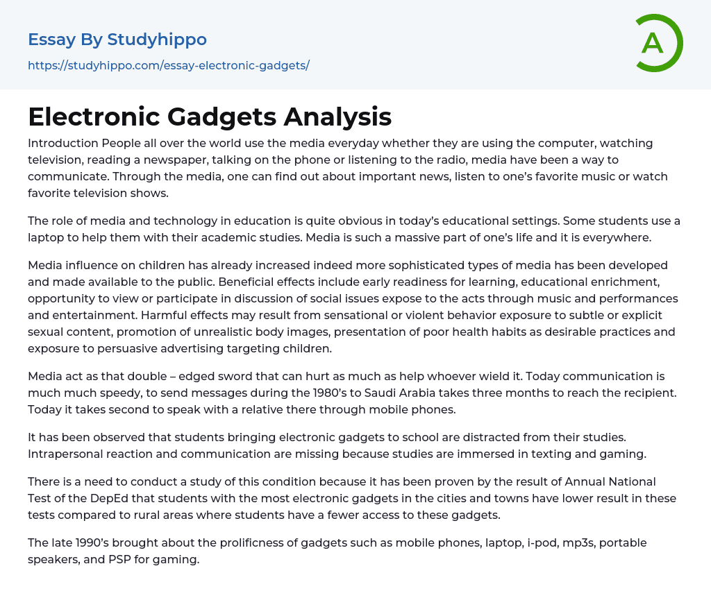 Electronic Gadgets Analysis Essay Example