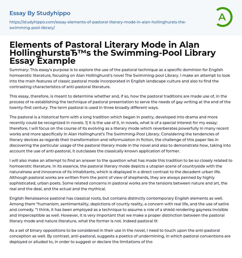 Elements of Pastoral Literary Mode in Alan Hollinghurst’s the Swimming-Pool Library Essay Example