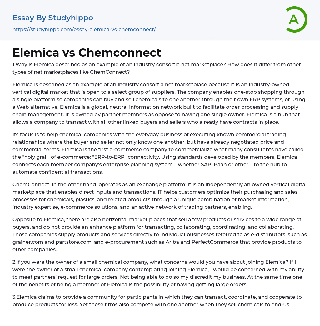 Elemica vs Chemconnect Essay Example