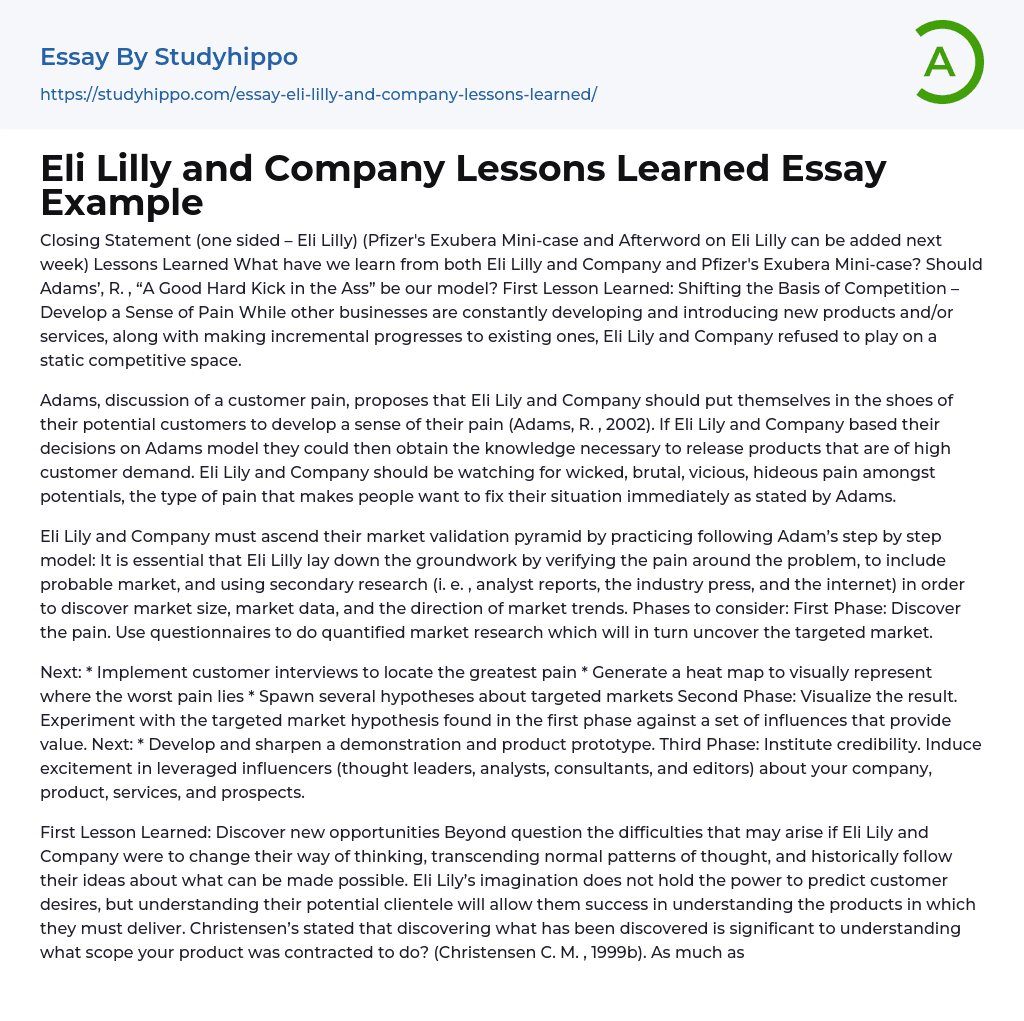 Eli Lilly and Company Lessons Learned Essay Example