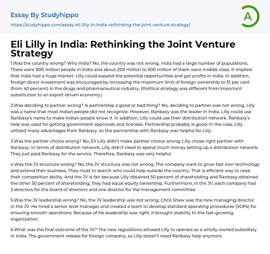 Eli Lilly in India: Rethinking the Joint Venture Strategy Essay Example