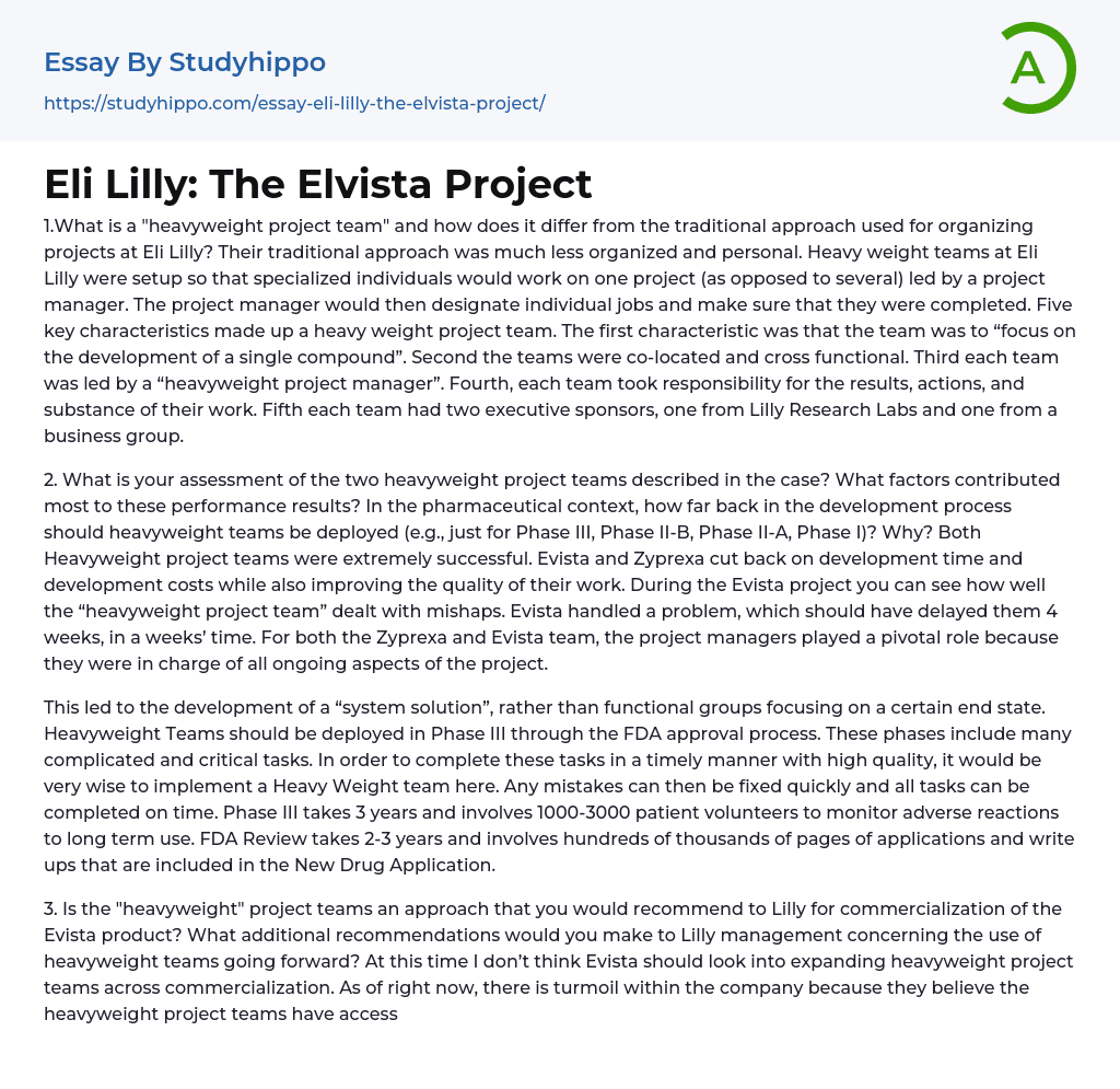 Eli Lilly: The Elvista Project Essay Example
