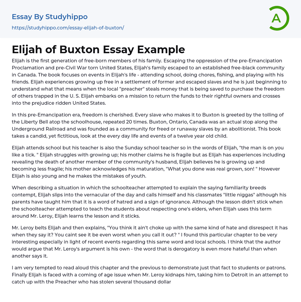 Elijah of Buxton Essay Example
