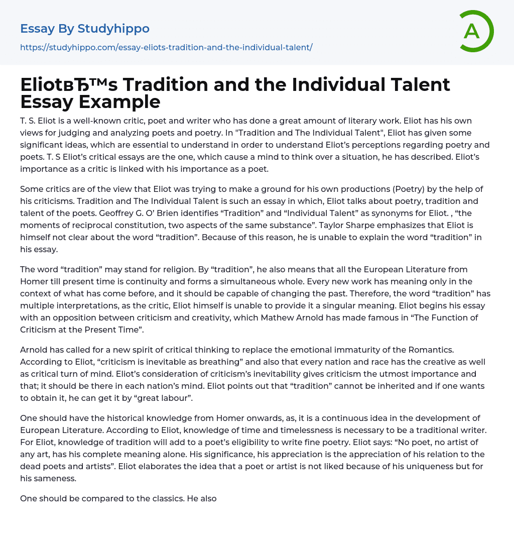Eliot’s Tradition and the Individual Talent Essay Example