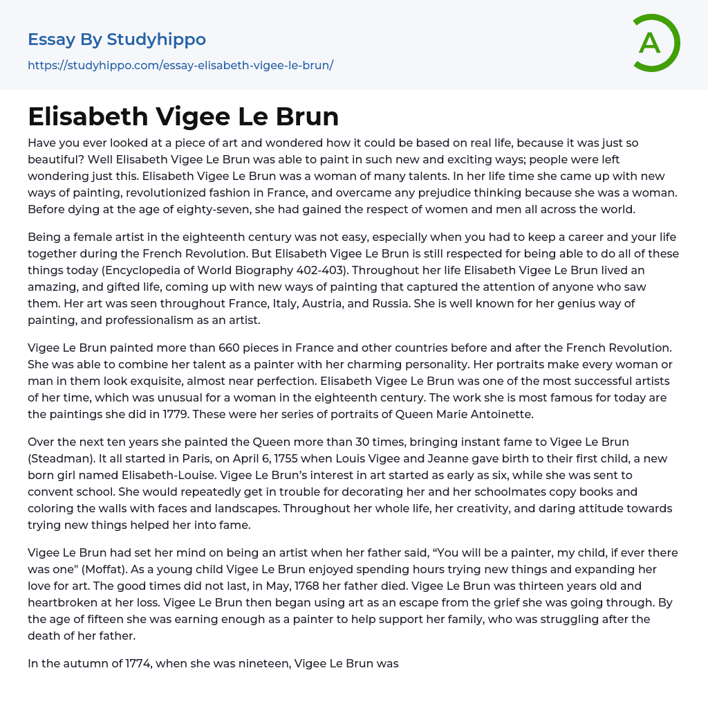 Elisabeth Vigee Le Brun Essay Example