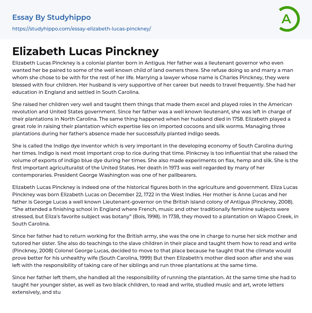 Elizabeth Lucas Pinckney Essay Example