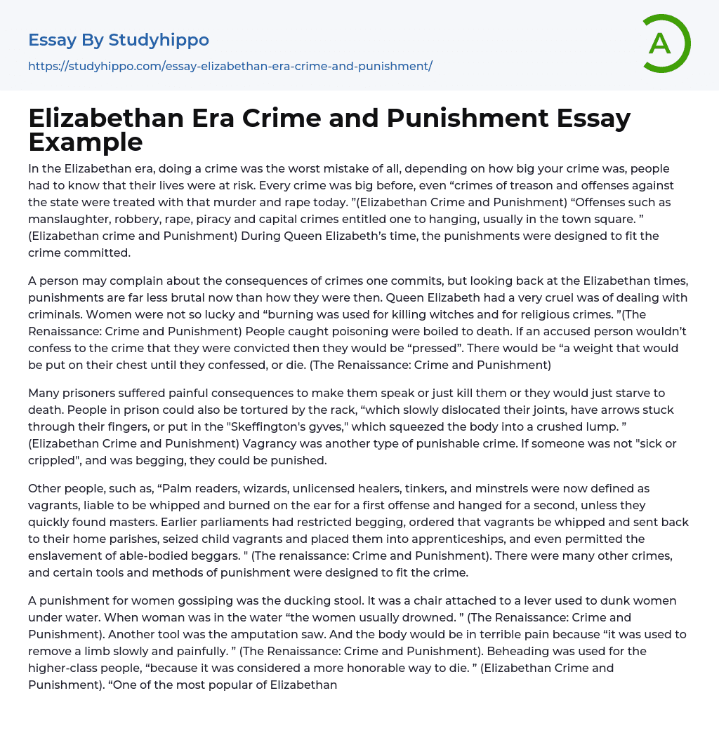 Elizabethan Era Crime and Punishment Essay Example
