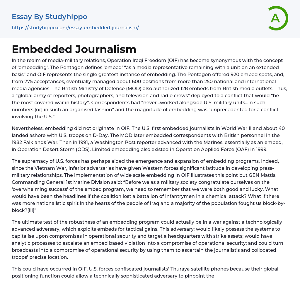 Embedded Journalism Essay Example