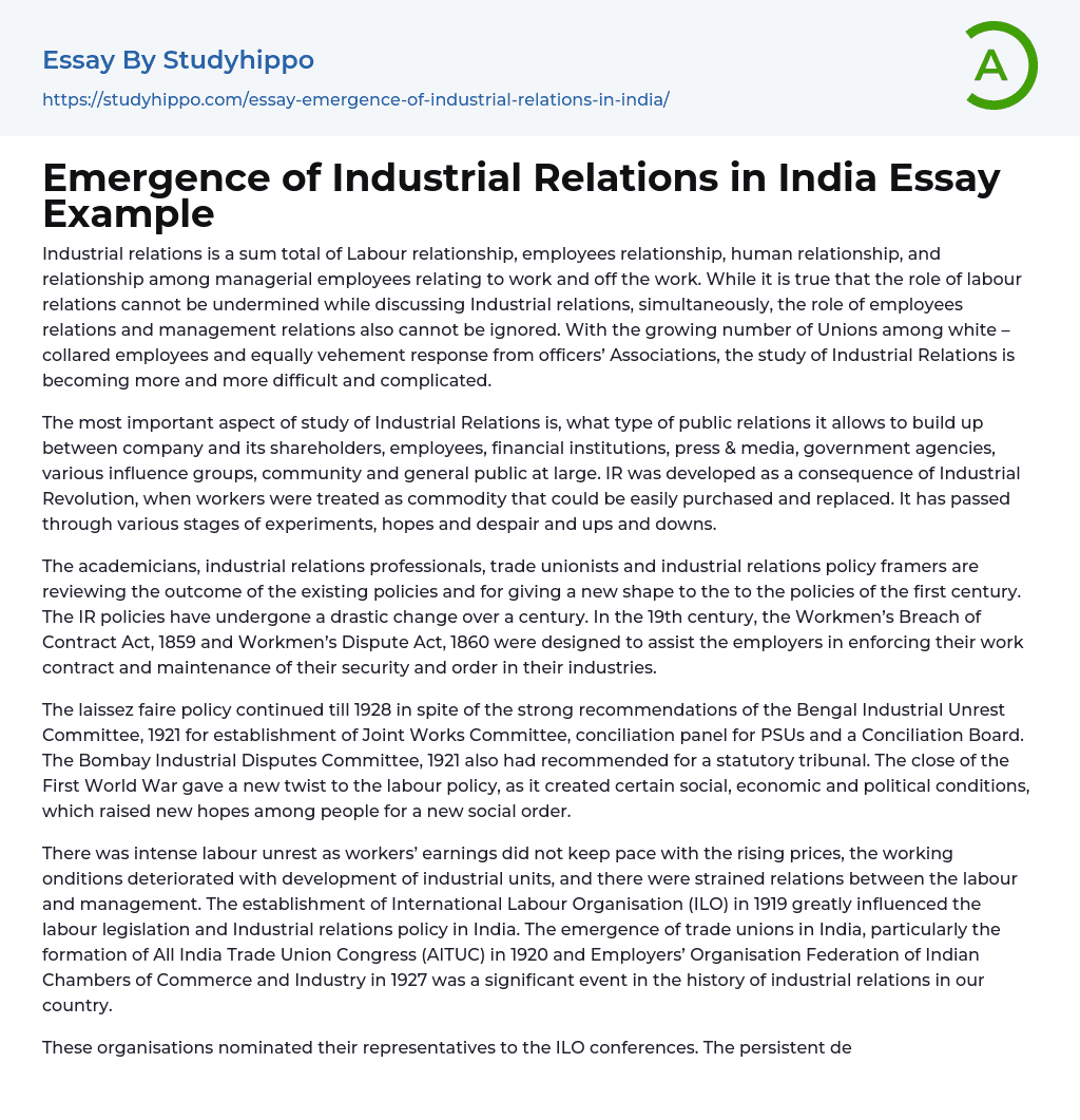 Emergence of Industrial Relations in India Essay Example