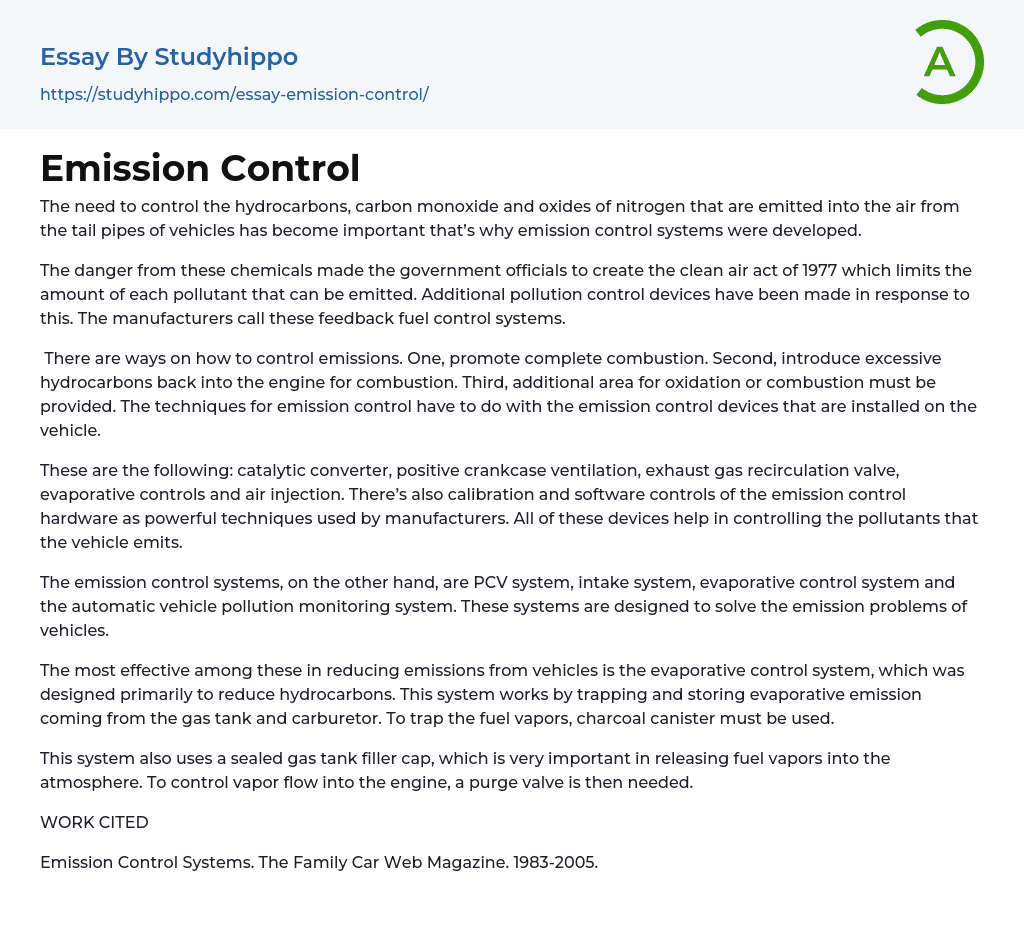 Emission Control Essay Example
