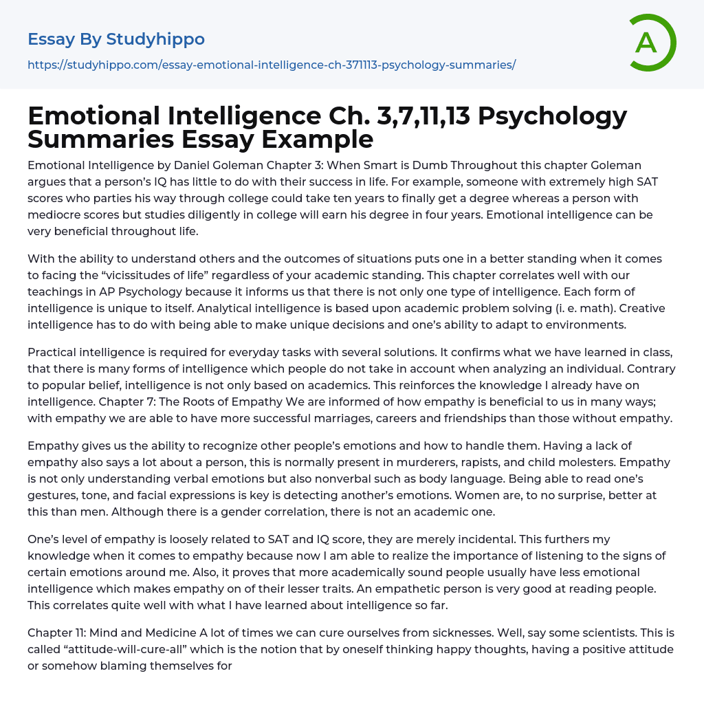 Emotional Intelligence Ch. 3,7,11,13 Psychology Summaries Essay Example