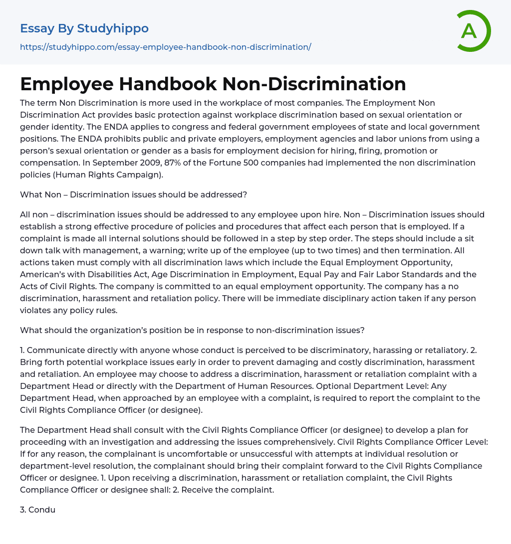 Employee Handbook Non-Discrimination Essay Example