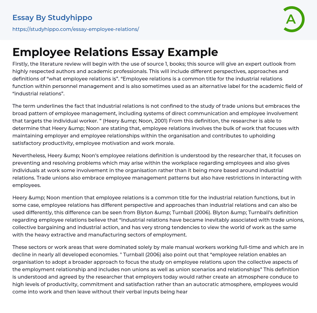 Employee Relations Essay Example
