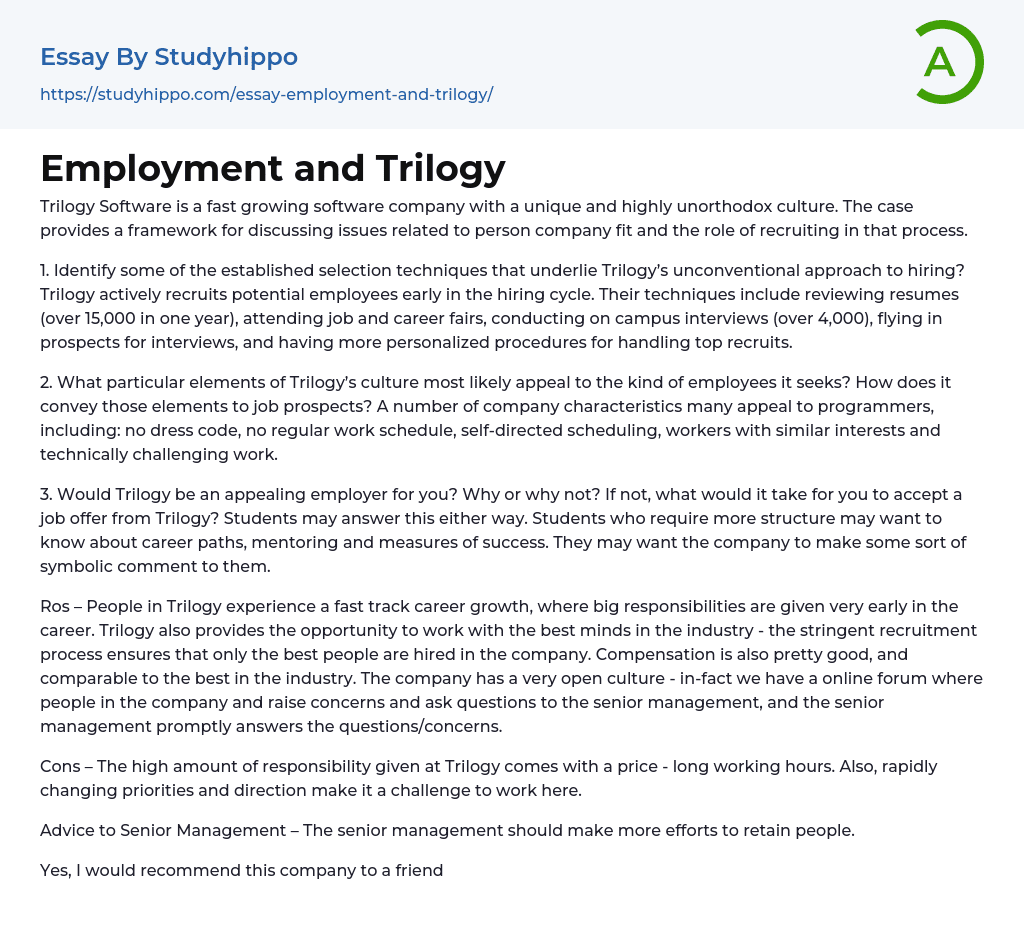 Employment and Trilogy Essay Example