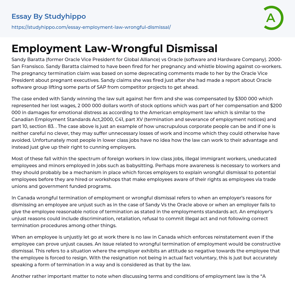 Employment Law-Wrongful Dismissal Essay Example