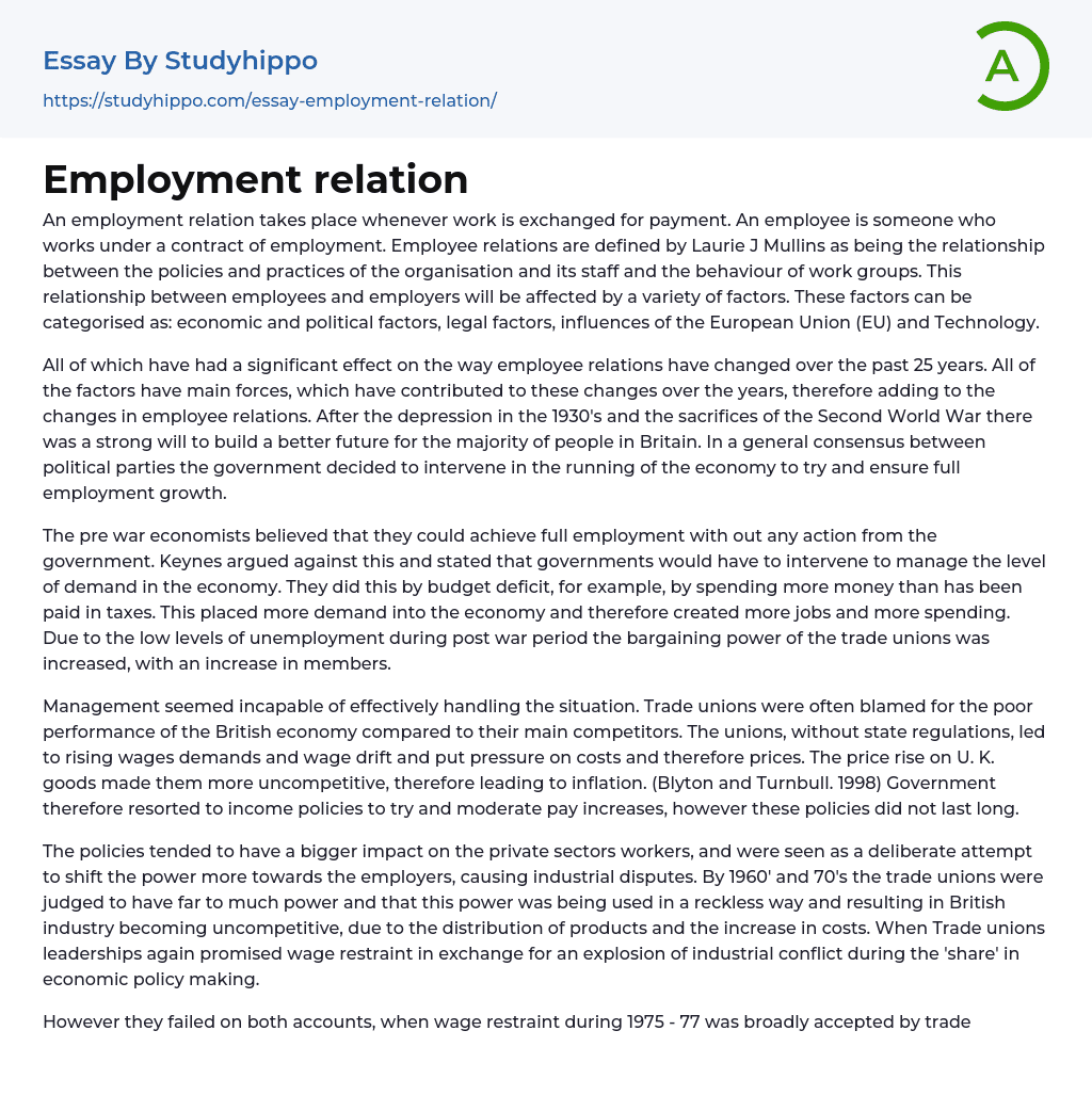 Employment relation Essay Example