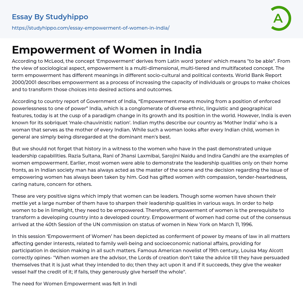 Empowerment of Women in India Essay Example