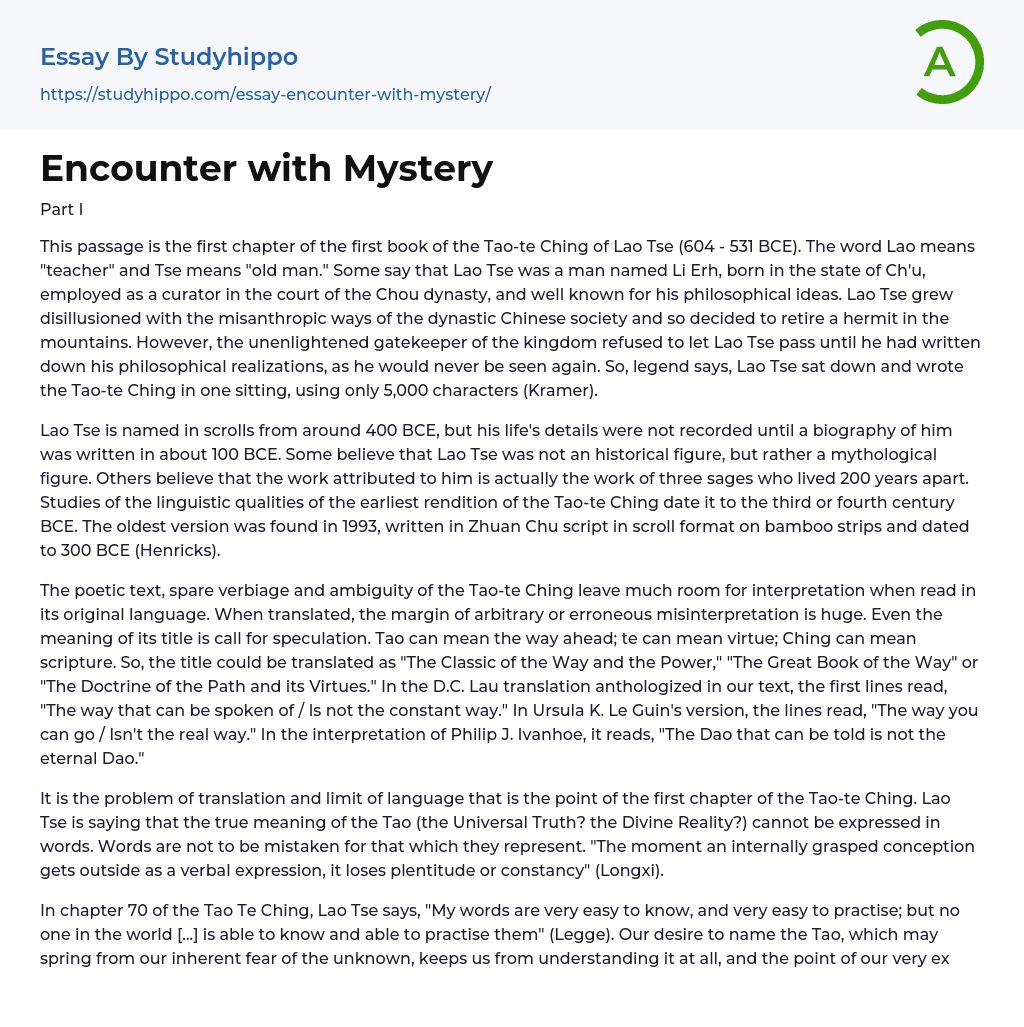 Encounter with Mystery Essay Example