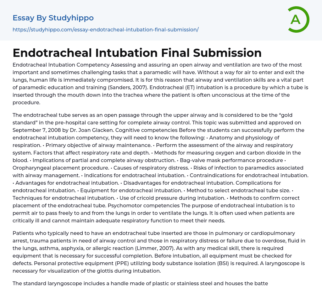 Endotracheal Intubation Final Submission Essay Example