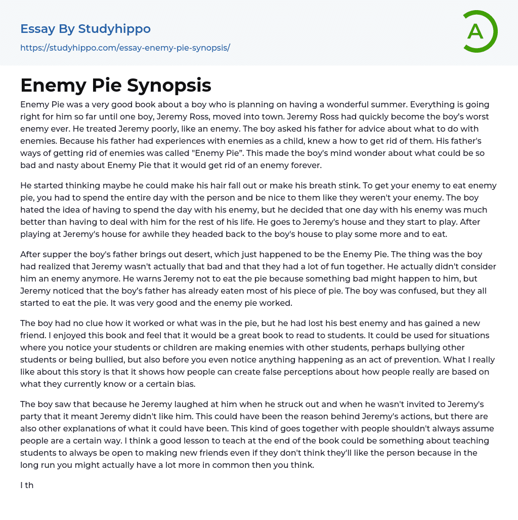 Enemy Pie Synopsis Essay Example