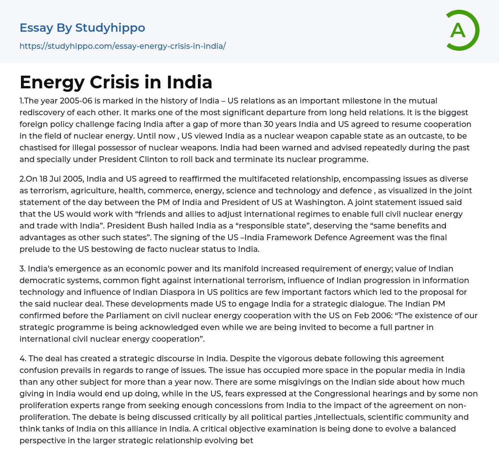 Energy Crisis in India Essay Example