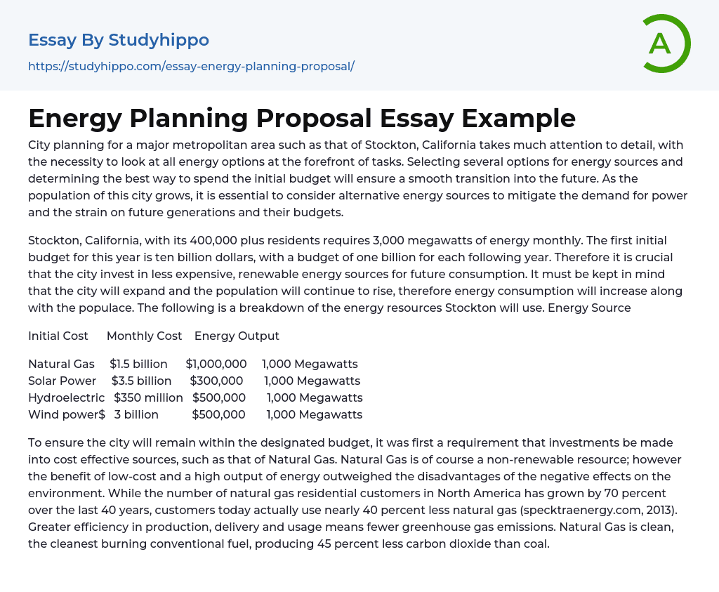 Energy Planning Proposal Essay Example