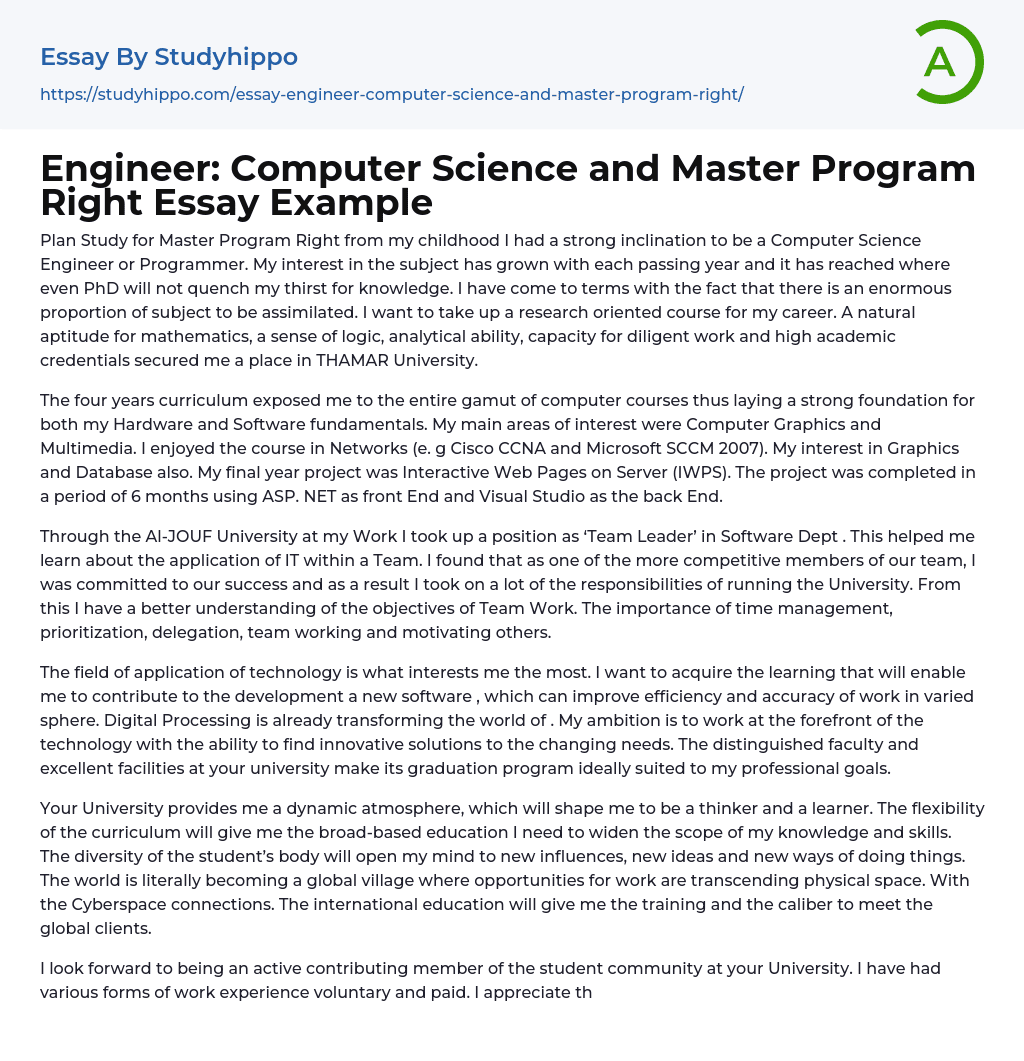 Engineer: Computer Science and Master Program Right Essay Example