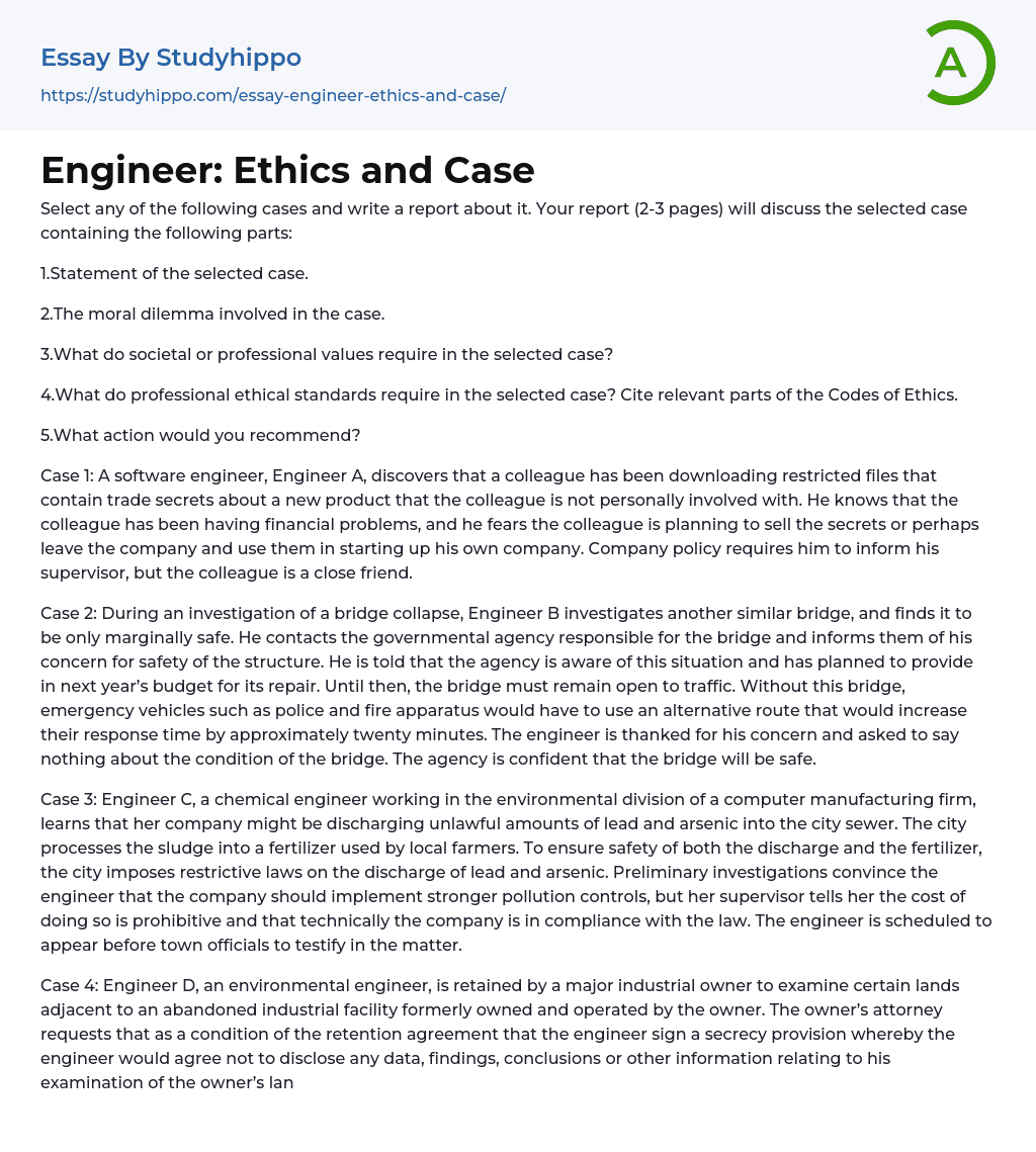 Engineer: Ethics and Case Essay Example
