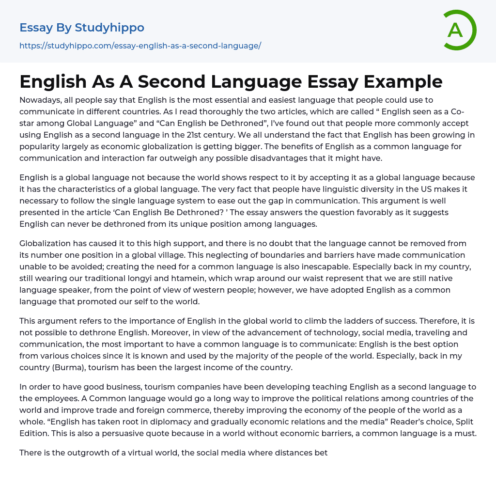 English As A Second Language Essay Example