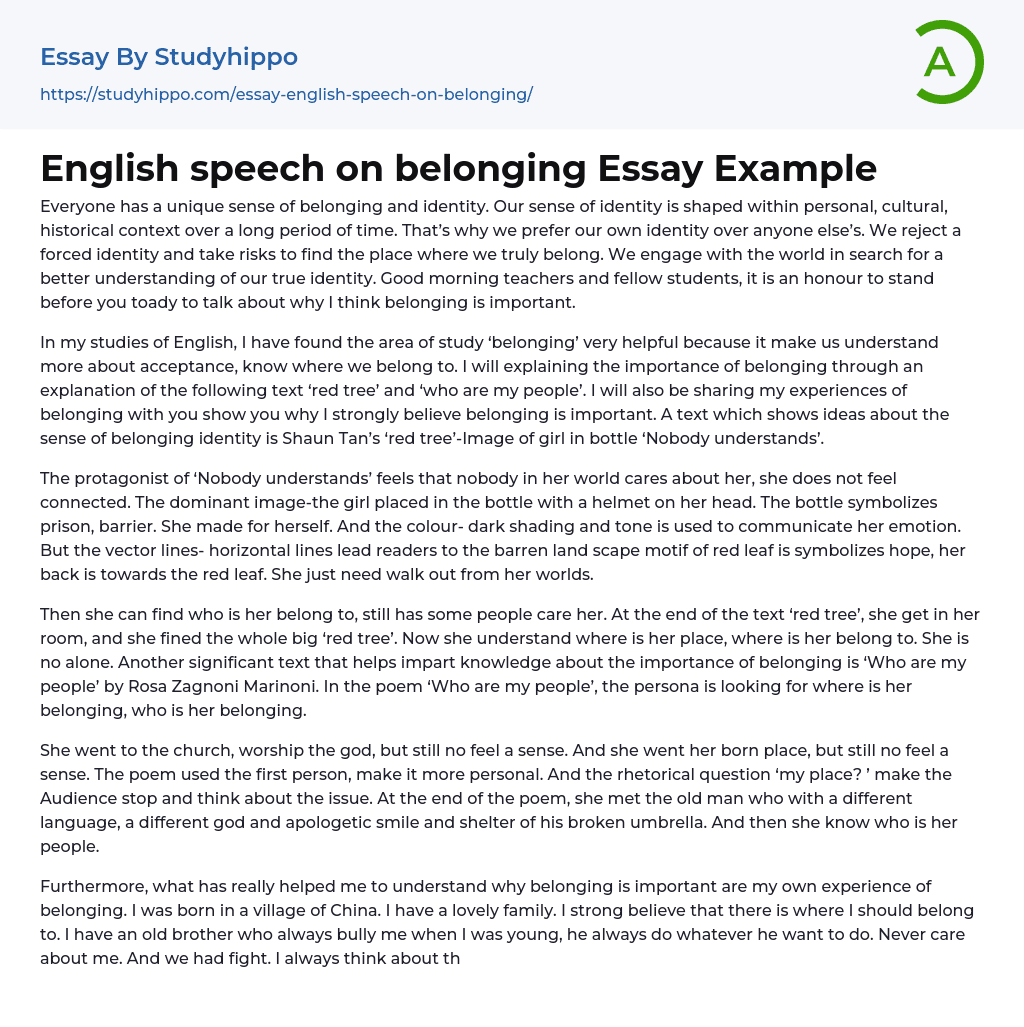 English speech on belonging Essay Example