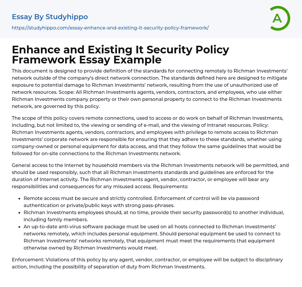 Enhance and Existing It Security Policy Framework Essay Example
