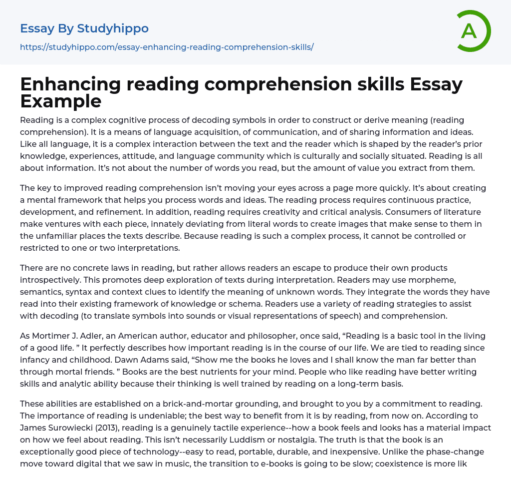 Enhancing reading comprehension skills Essay Example