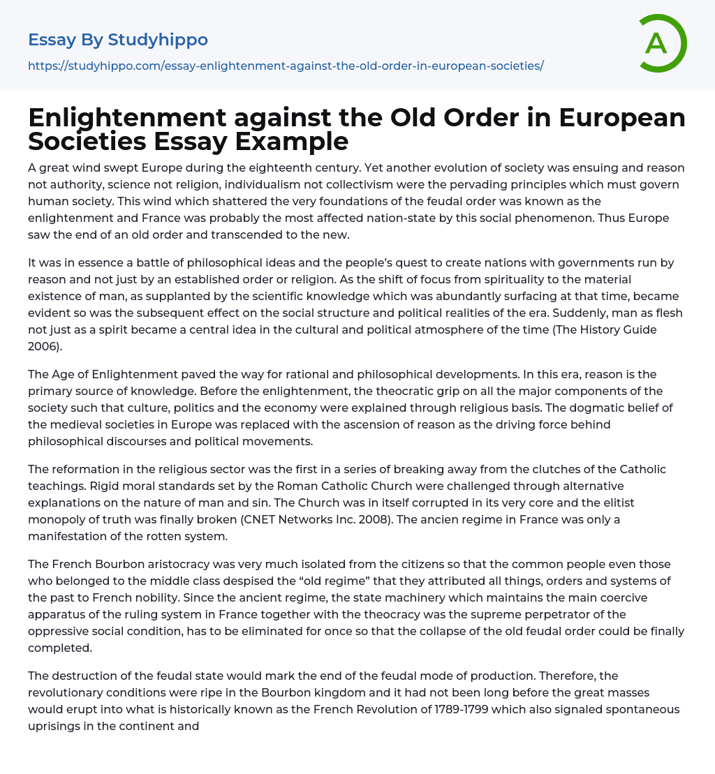 Enlightenment against the Old Order in European Societies Essay Example