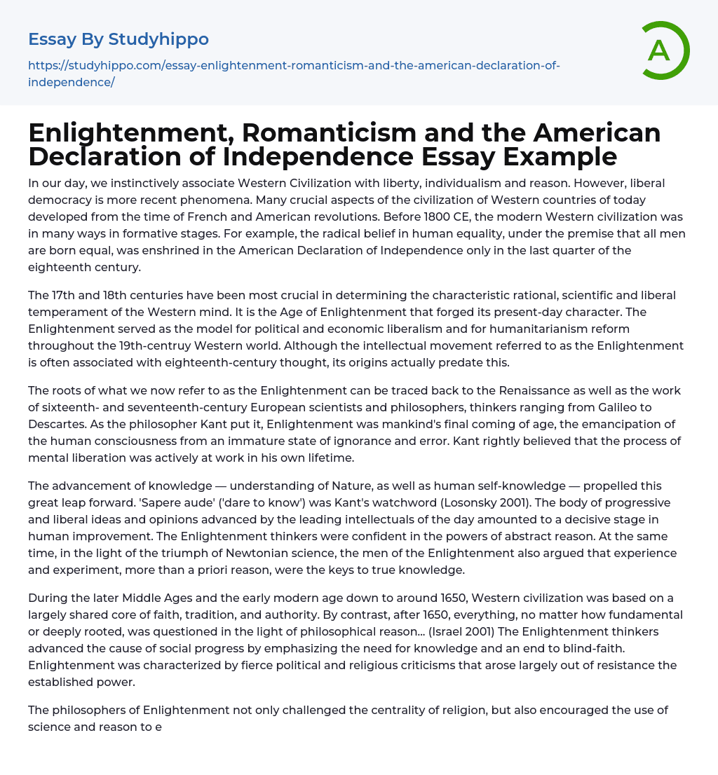 Enlightenment, Romanticism and the American Declaration of Independence Essay Example
