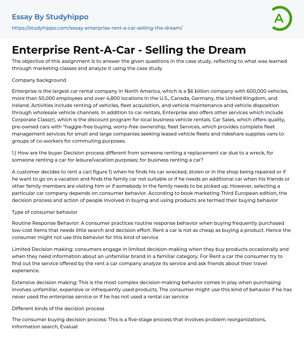 Enterprise Rent-A-Car – Selling the Dream Essay Example